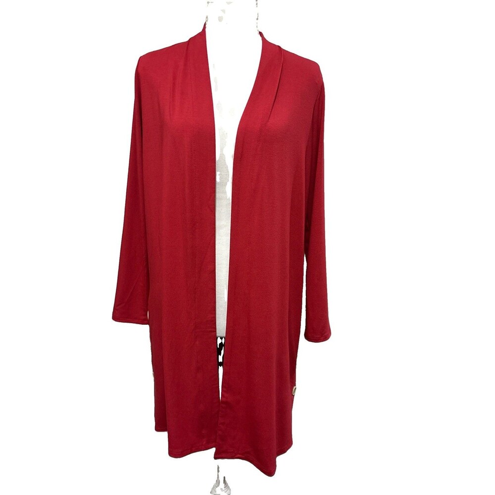 J. Jill Wearever Grenadine Red Open Front Duster Cardigan Small Petite Buttons